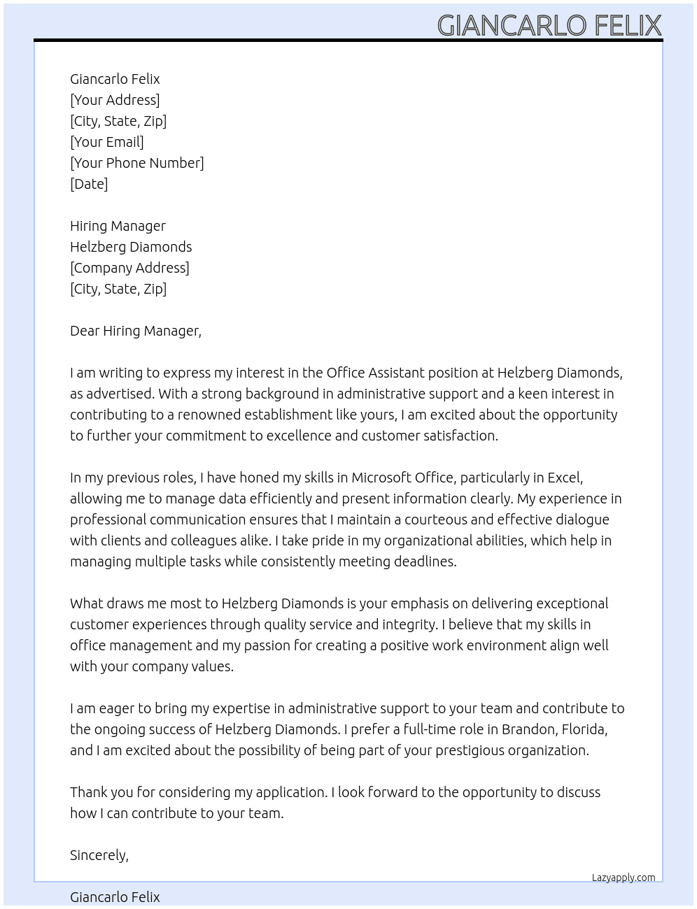 Office Assistant At Helzberg Diamonds Cover Letter