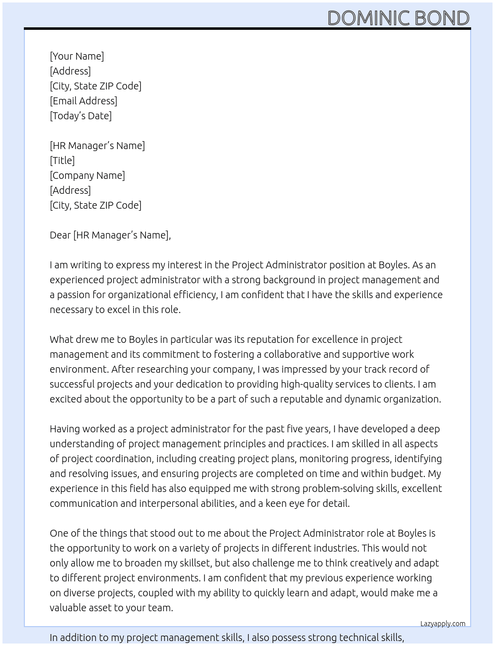 project administrator At Boyles Cover Letter