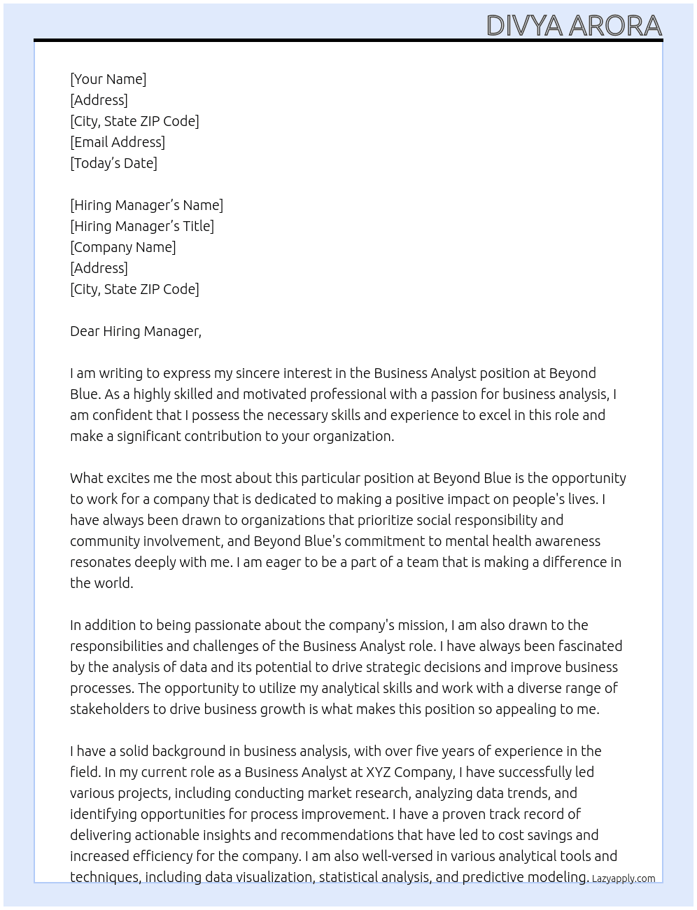 Business Analyst  At Beyond Blue Cover Letter