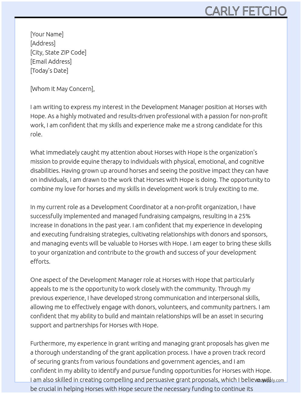 Development Manager At Horses with Hope Cover Letter