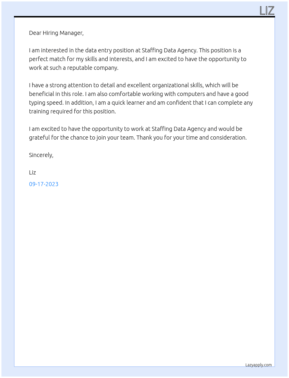 data entry At Staffing Data Agency Cover Letter