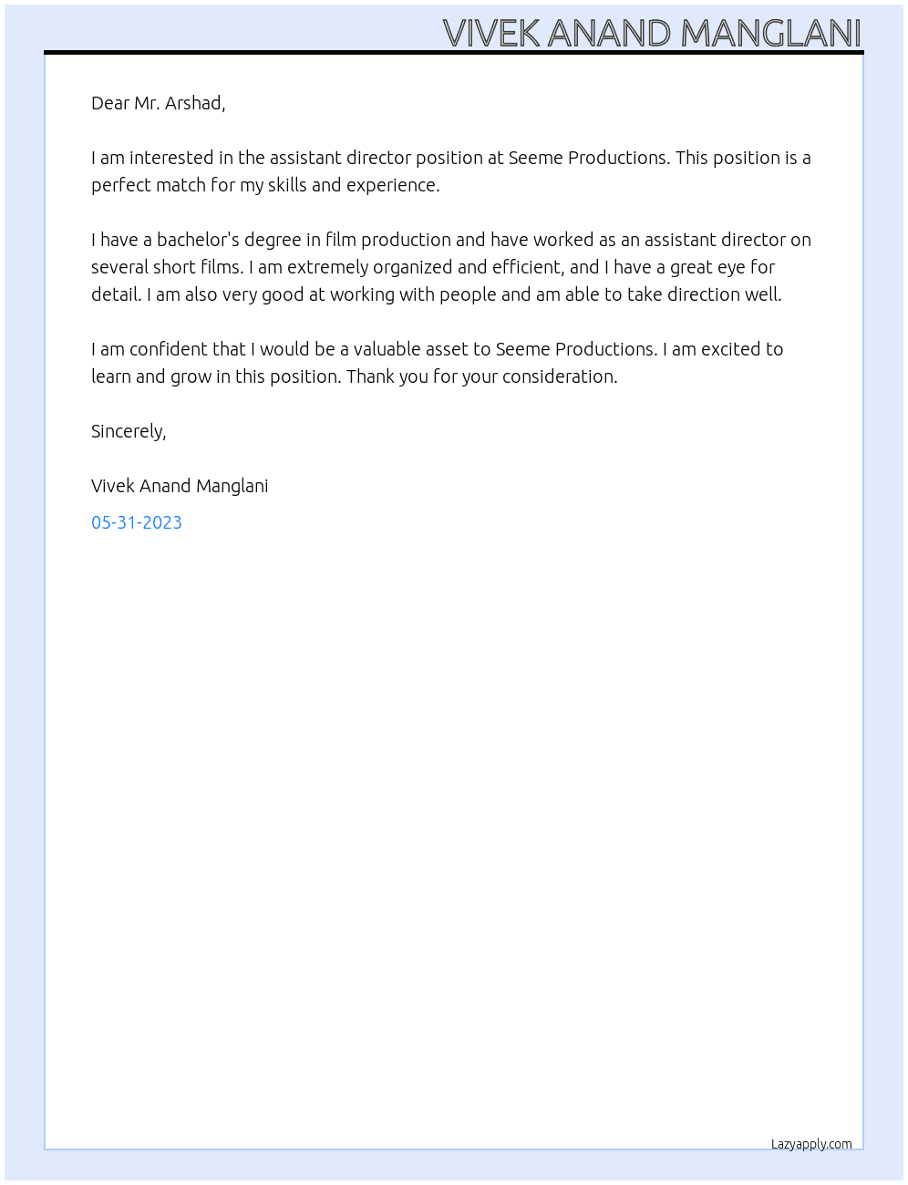 assistant director  At Seeme Productions Cover Letter