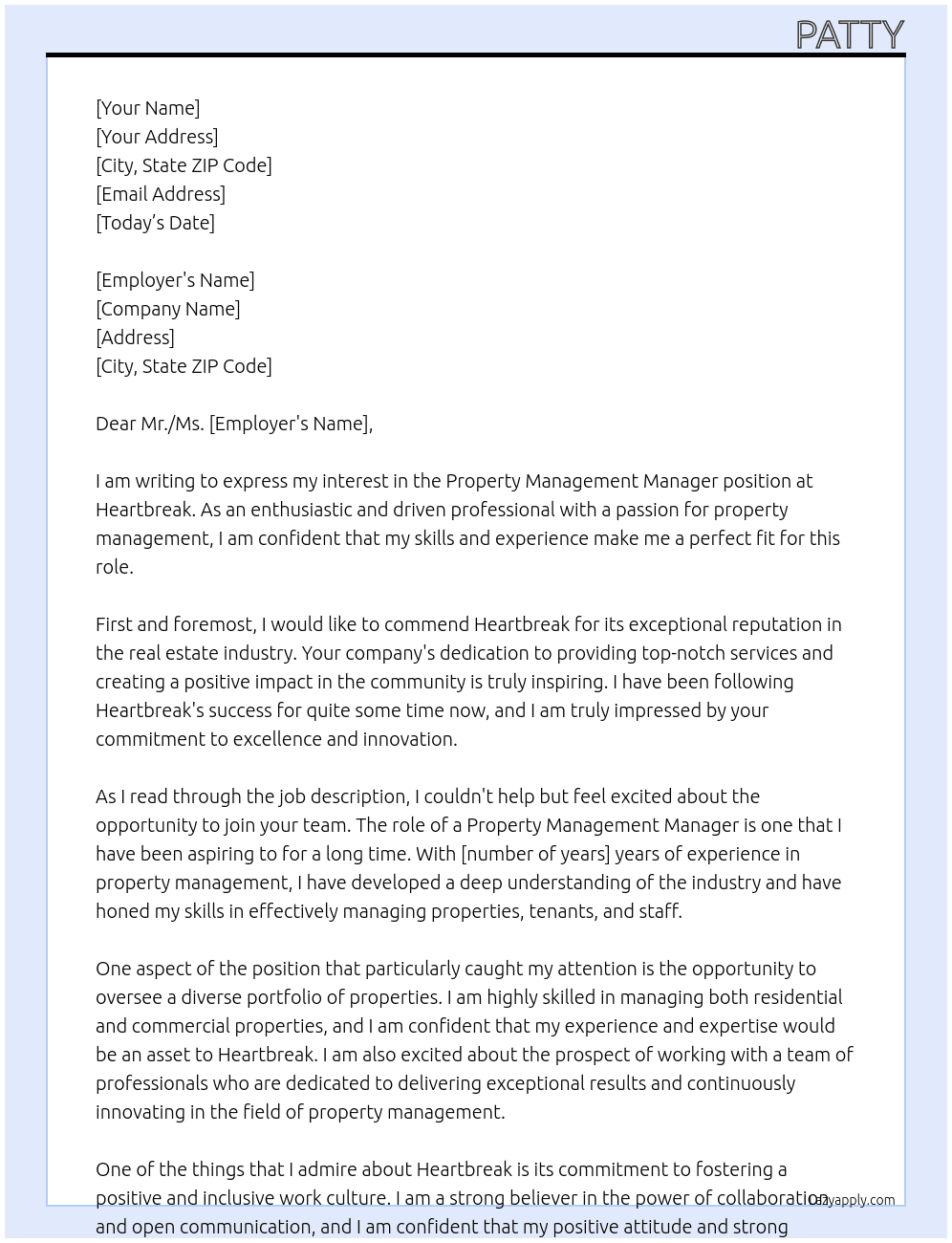 Property management manager  At Heartbreak Cover Letter
