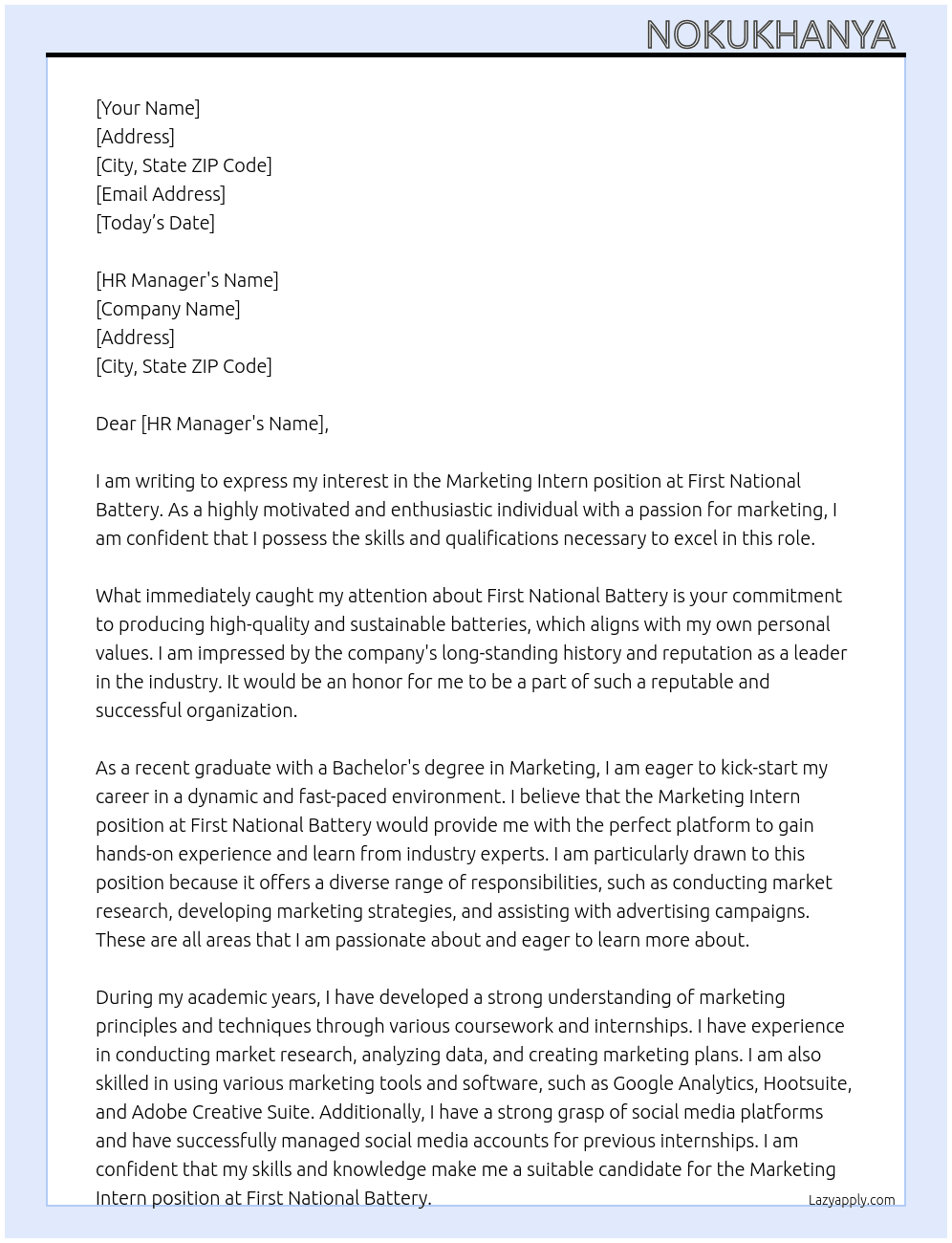 Marketing Intern  At First National Battery Cover Letter