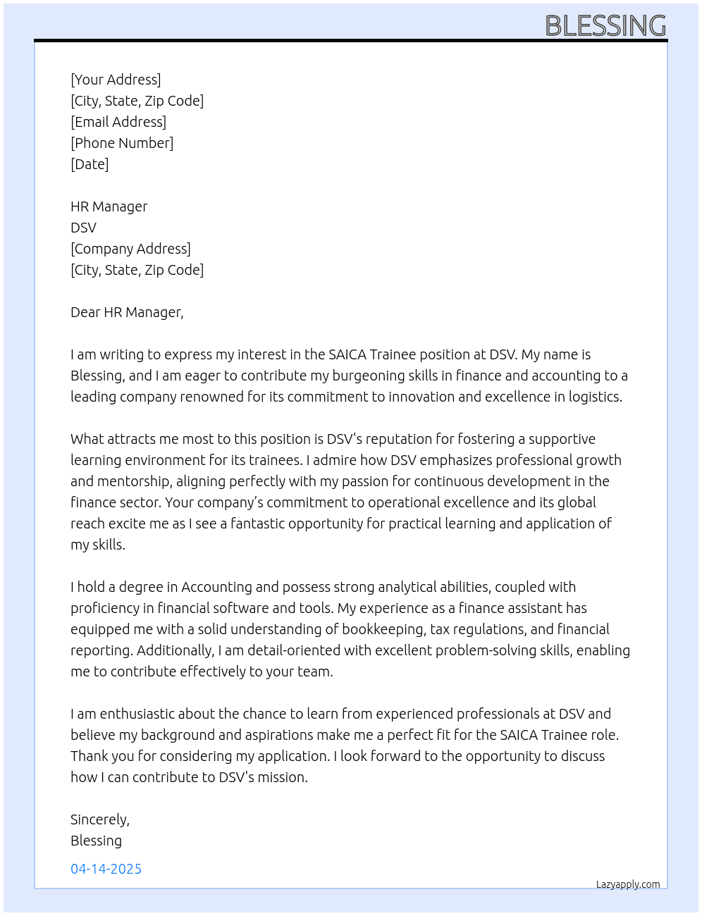 Cover letter for saica trainee - LazyApply