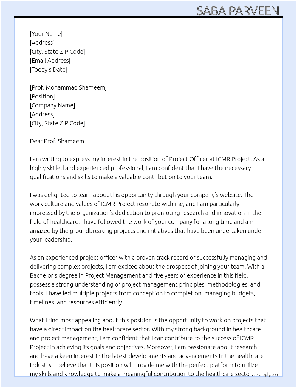 project officer  At Icmr project Cover Letter