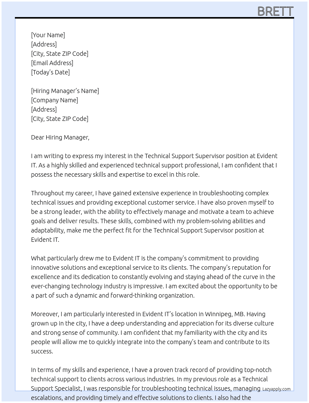 Technical support supervisor At Evident IT Cover Letter