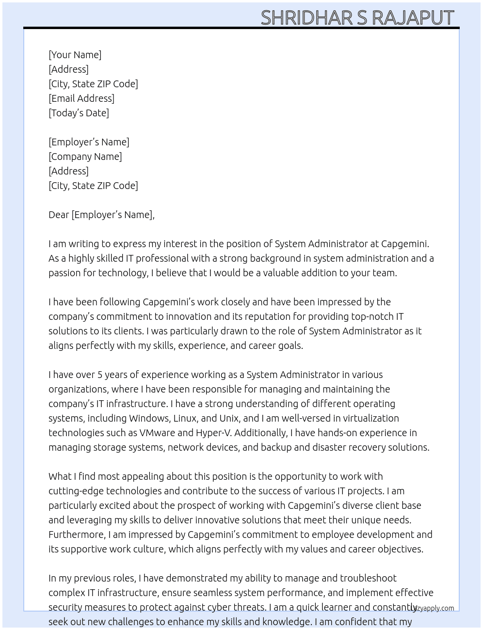 System administrator  At Capgemini Cover Letter