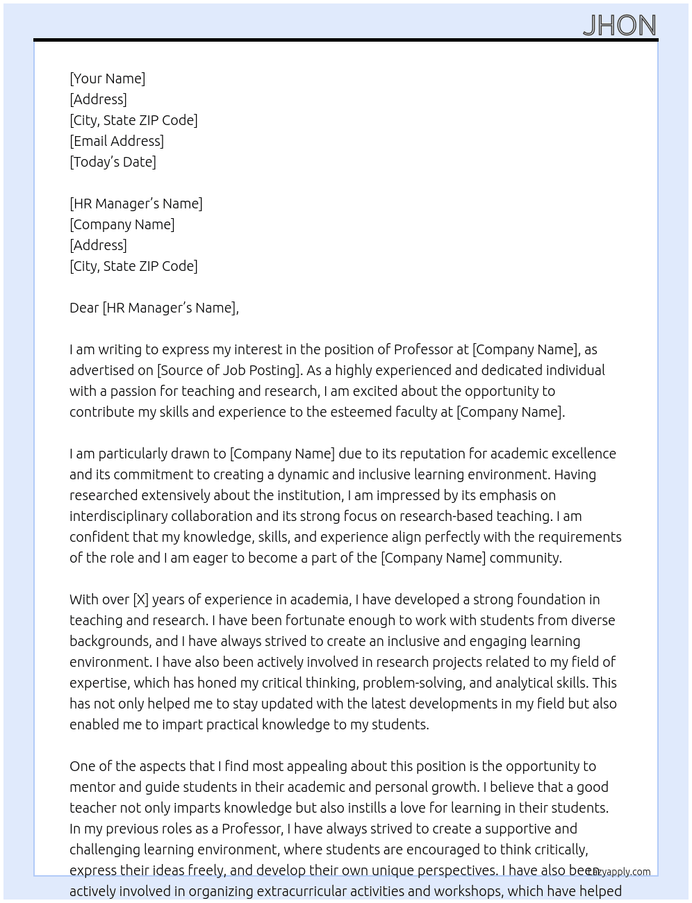 professor At yyyy Cover Letter