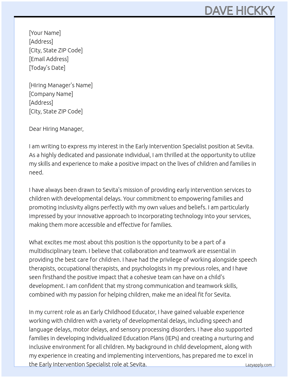 Early Intervention Specialist At Sevita Cover Letter