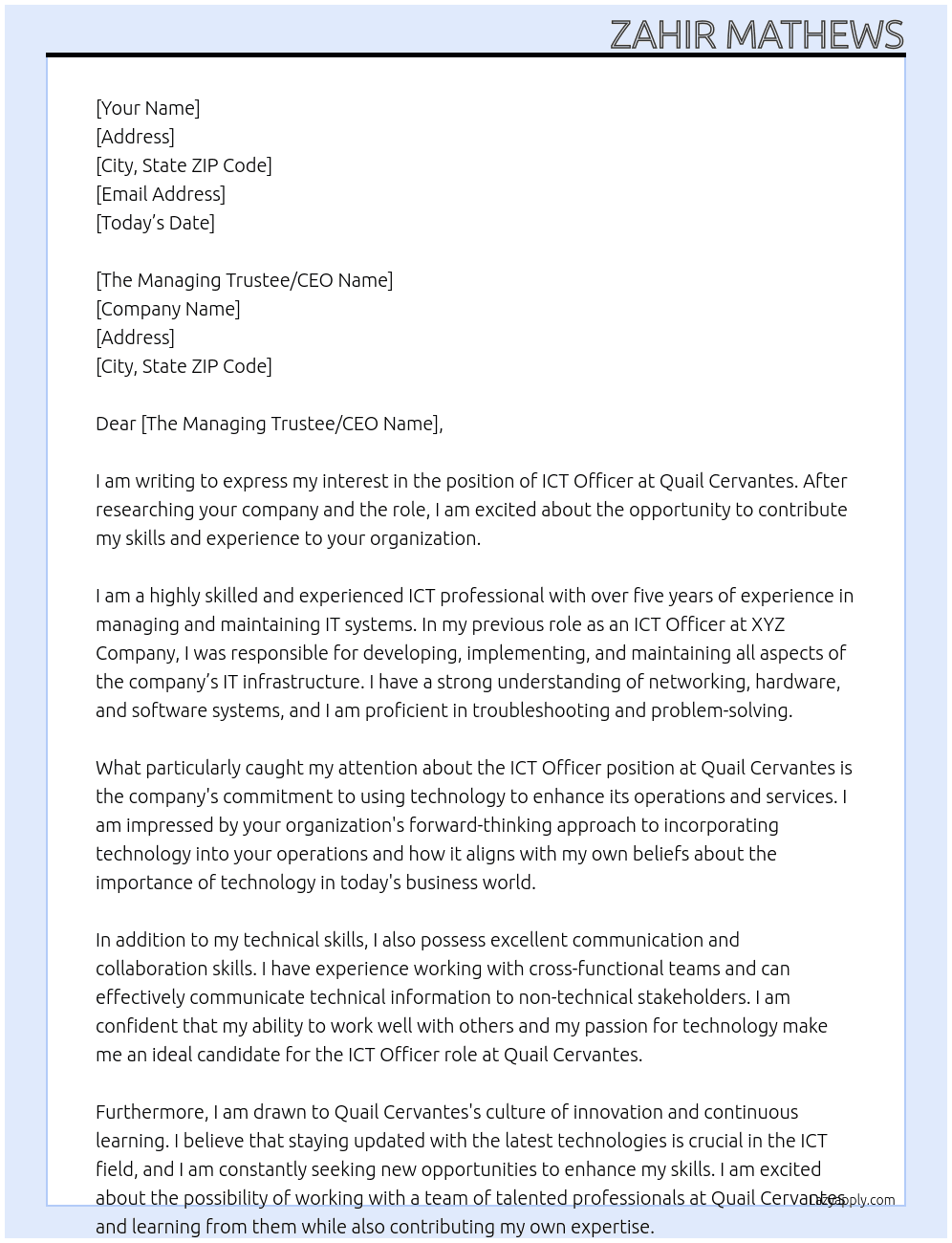 ICT Officer At Quail Cervantes Cover Letter