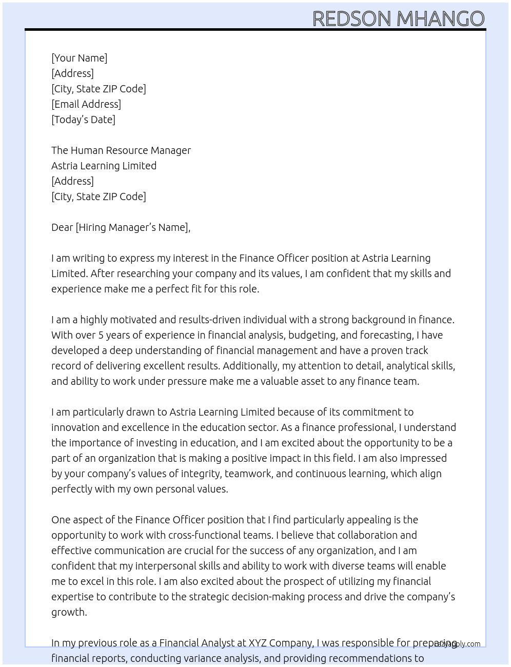 Finance Officer At Astria Learning Limited Cover Letter