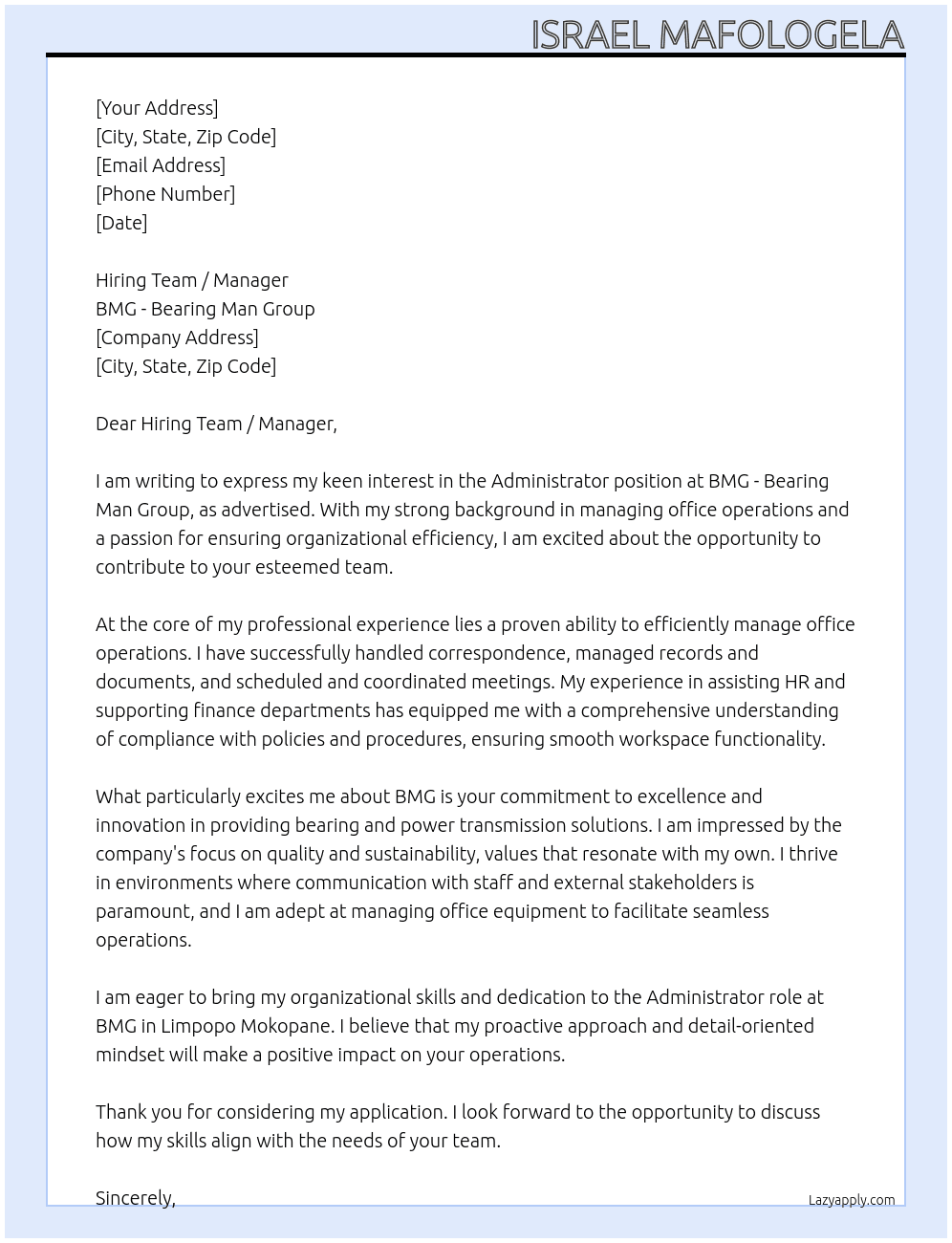 Administrator At BMG - Bearing Man Group Cover Letter