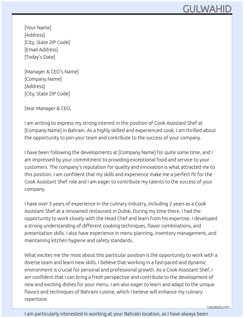 Cook assistant Shef At Bahrain  Cover Letter