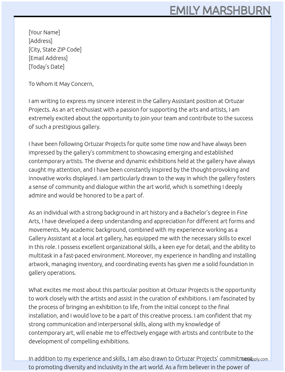 Gallery Assistant At Ortuzar Projects Cover Letter