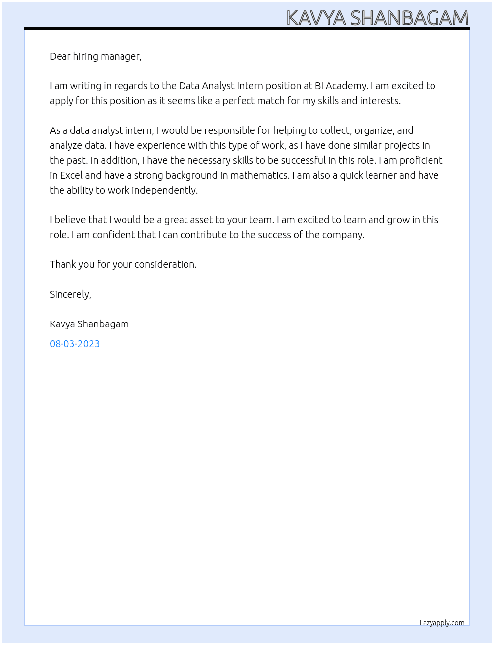 Data Analyst Intern At BI Academy Cover Letter