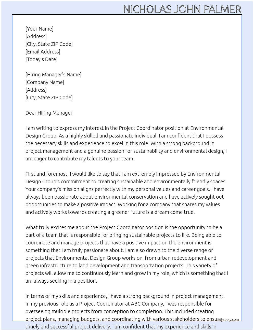Project Coordinator At Environmental Design Group Cover Letter