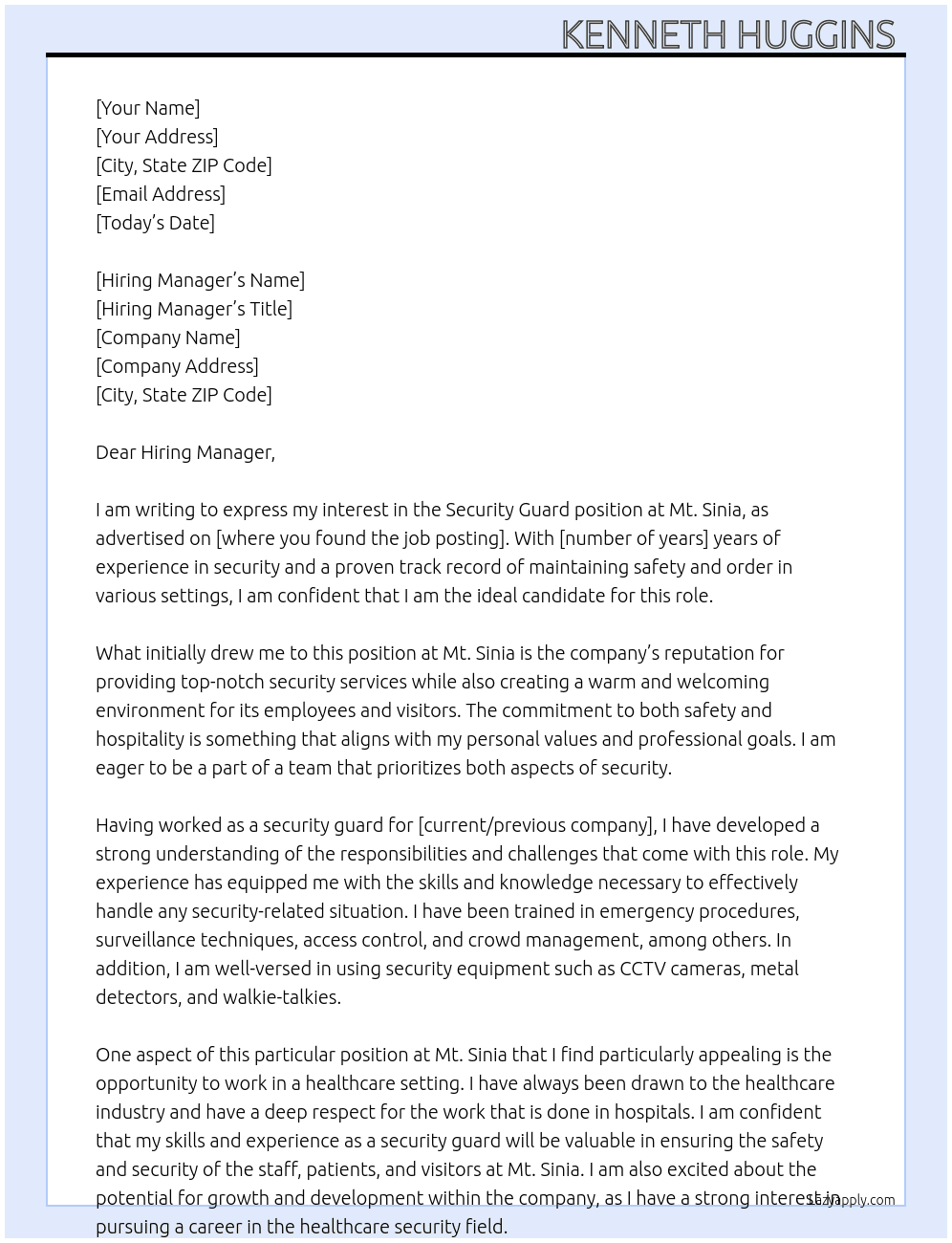 Security Guard At Mt. Sinia Cover Letter