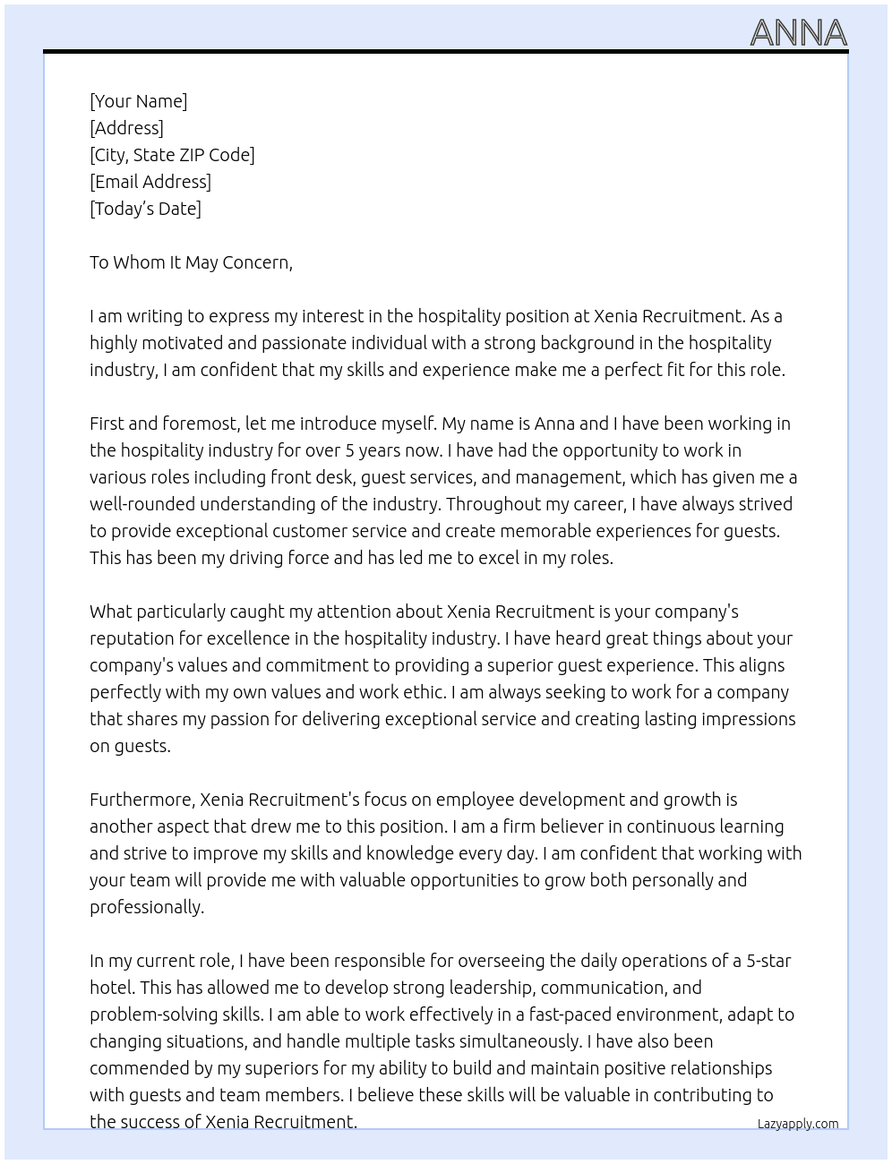 hospitality  At Xenia Recruitment Cover Letter