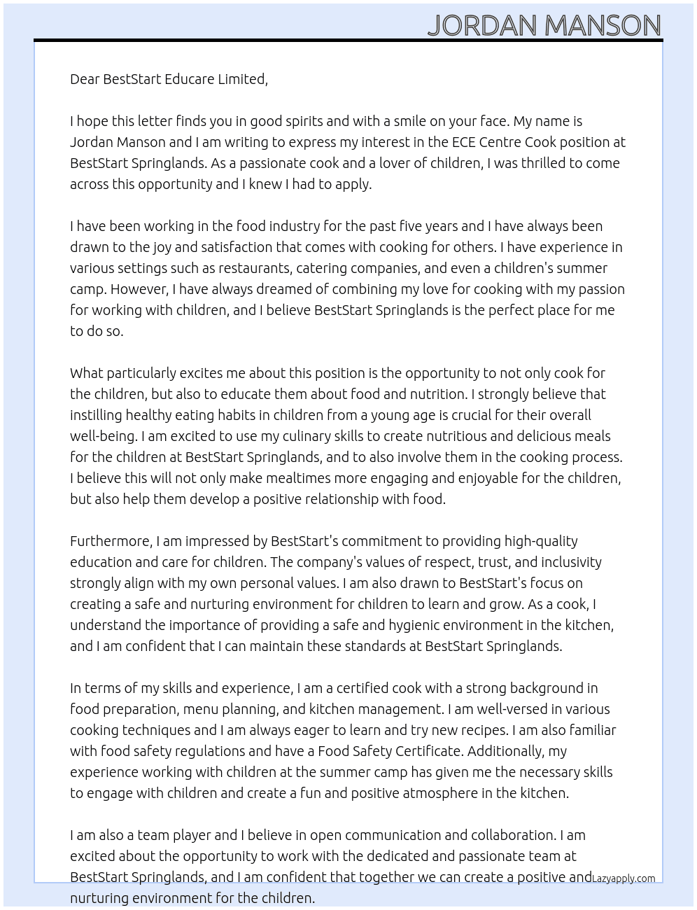 ECE Centre Cook  At BestStart Springlands Cover Letter