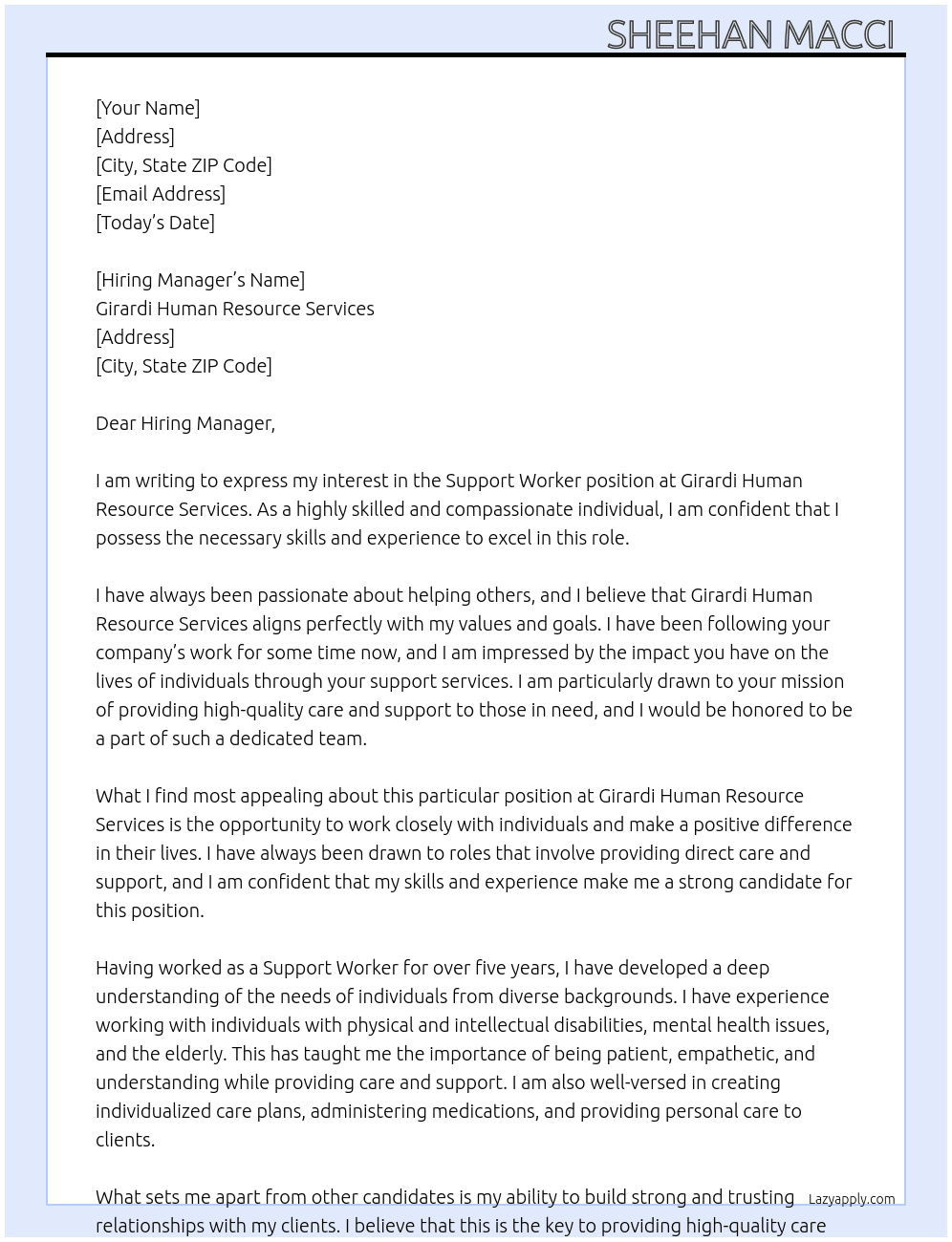 Support Worker At Girardi Human Resource Services Cover Letter