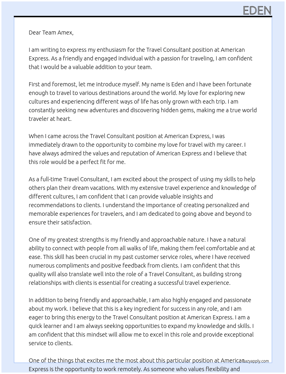 Travel consultant  At American express Cover Letter