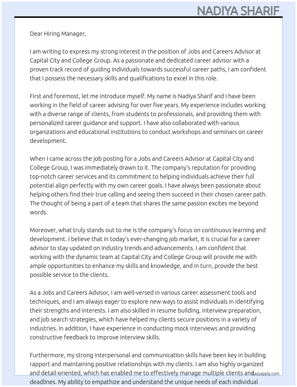 jobs and Careers Advisor At Capital city and collage group  Cover Letter