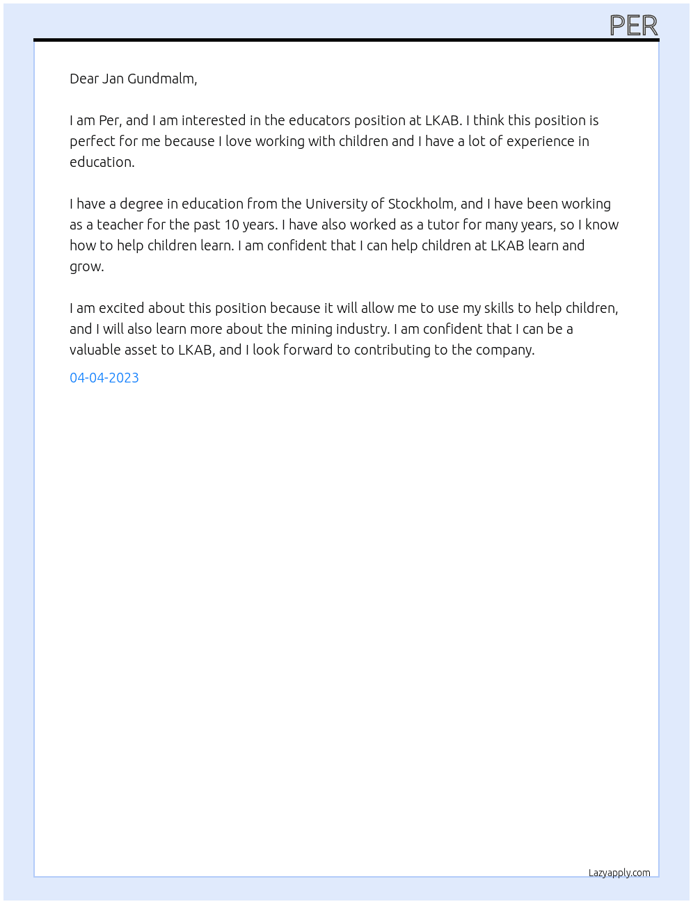  educators At LKAB Cover Letter