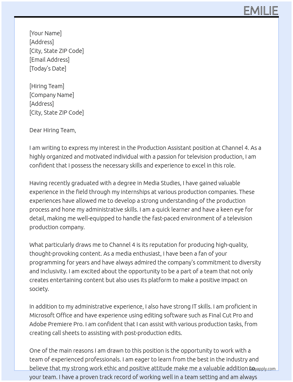 Production assistant At Channel 4 Cover Letter