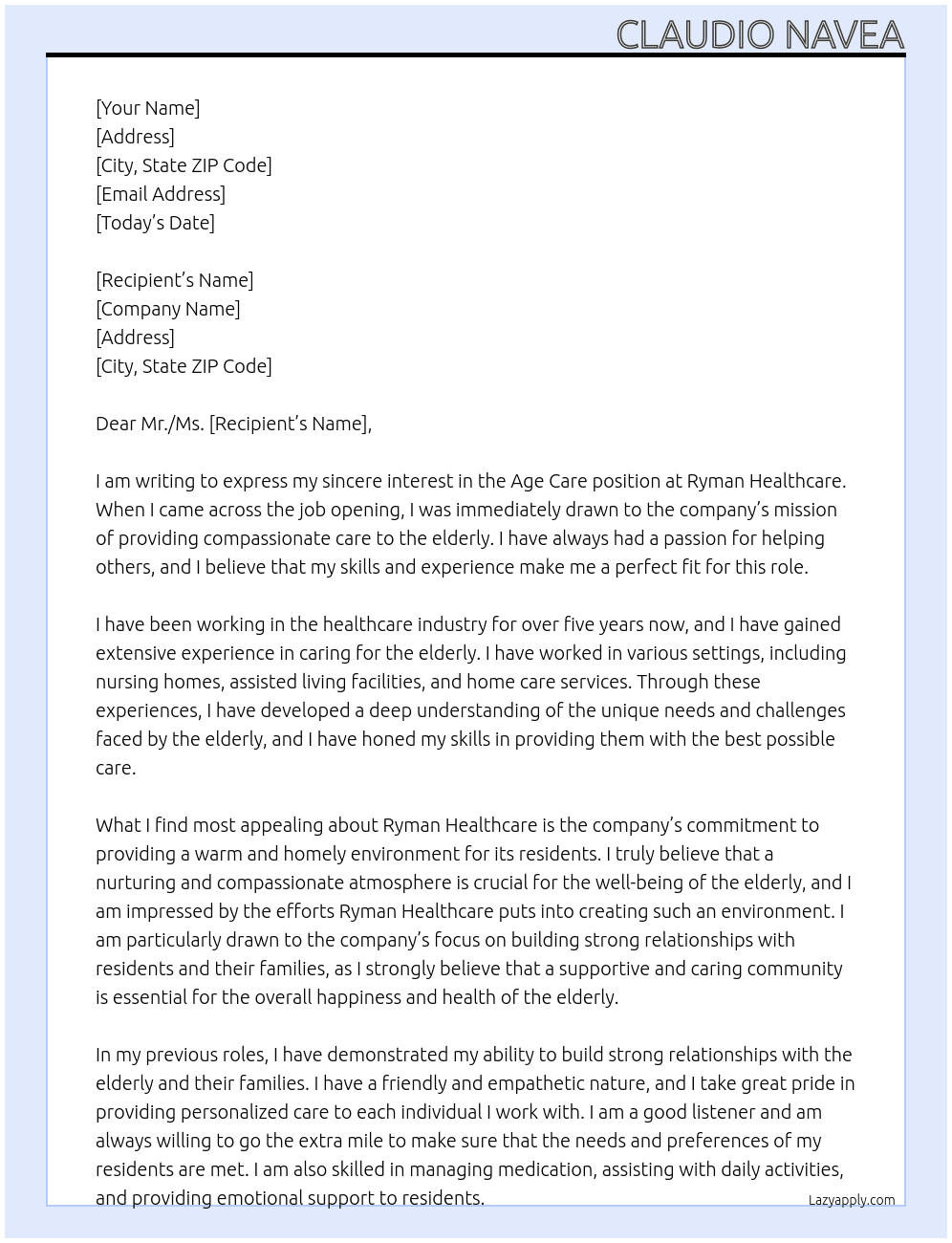Age care At Ryman Healthcare Cover Letter