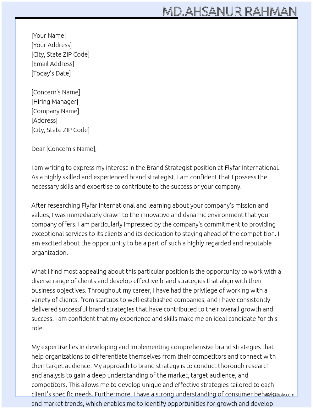 Brand Strategist  At Flyfar international  Cover Letter