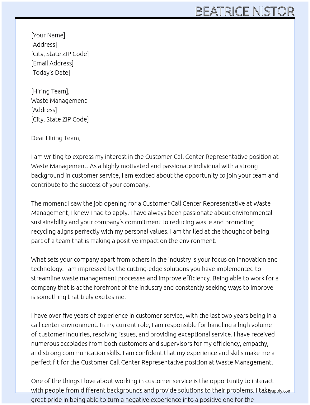 Customer Call Center Representative- Remote Position At Waste Management Cover Letter