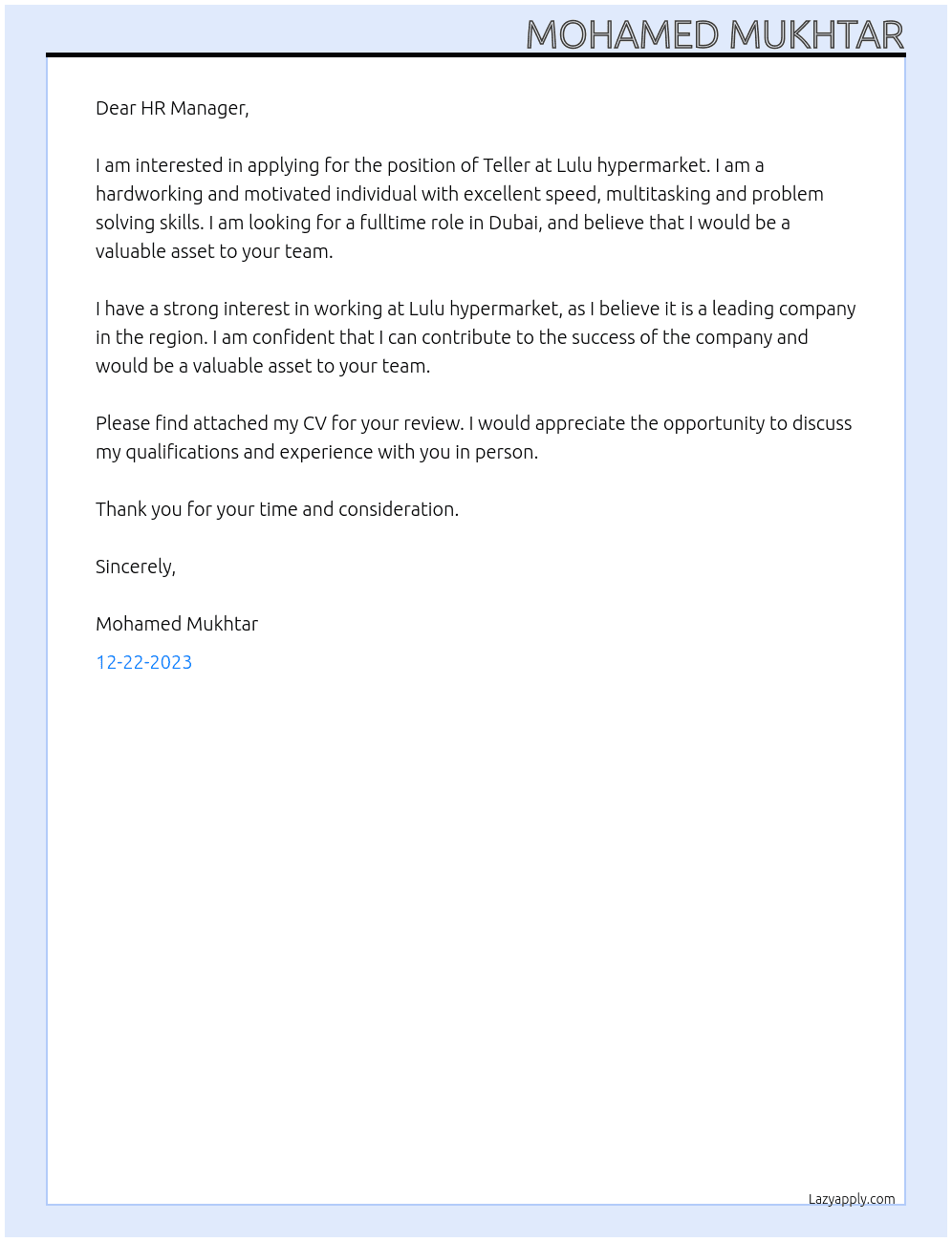 Teller At Lulu hypermarket Cover Letter