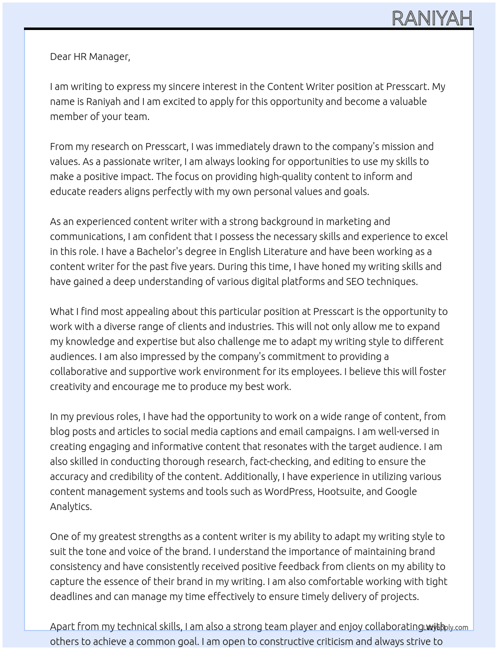 Content writer At Presscart  Cover Letter