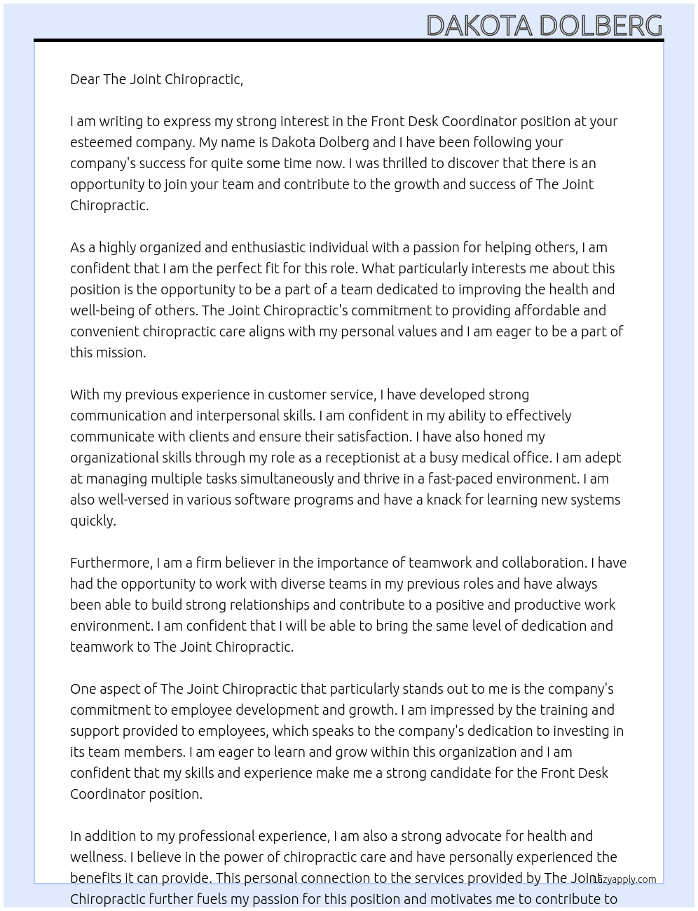 Cover letter for front desk coordinator - LazyApply