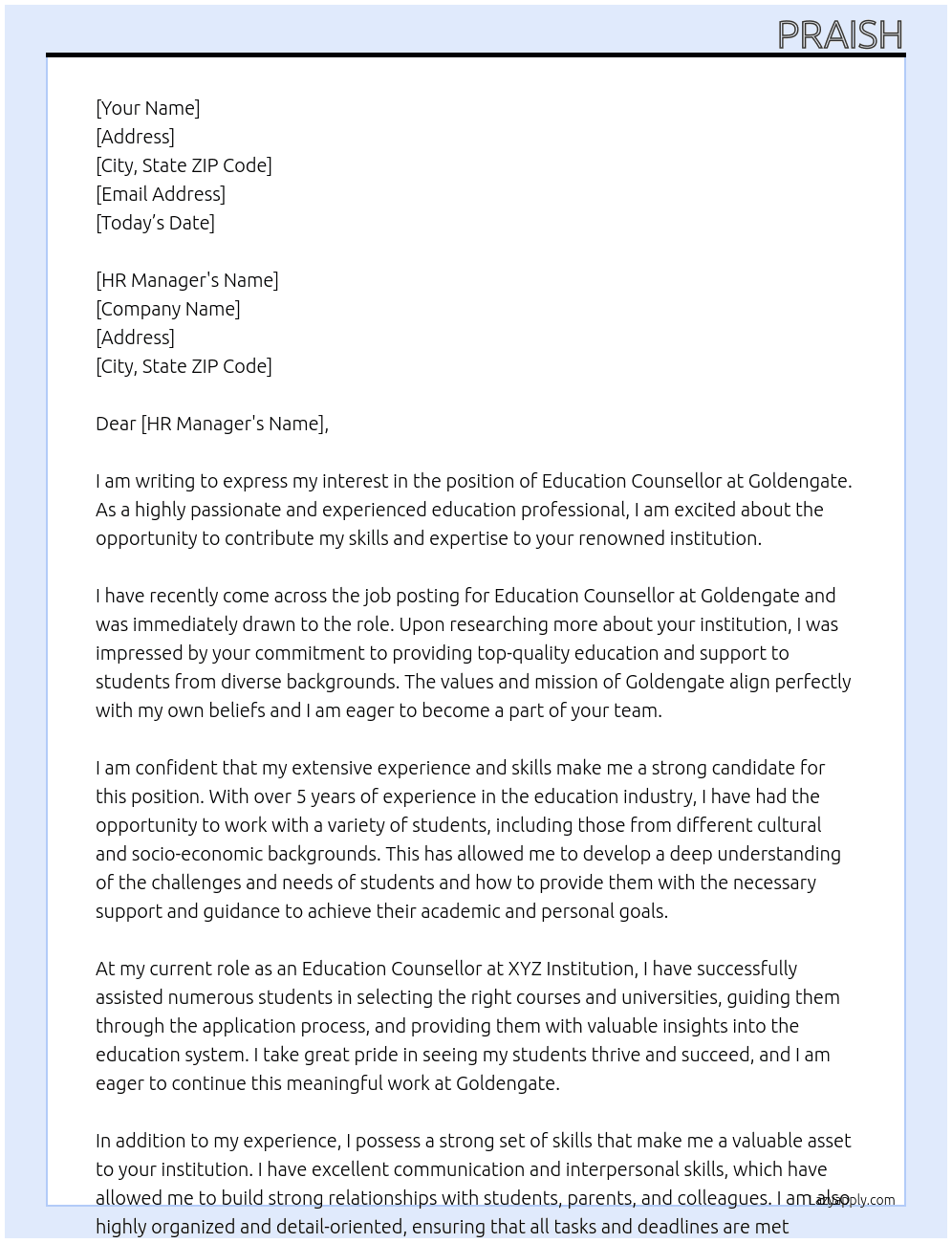 Education counseller At Goldengate Cover Letter