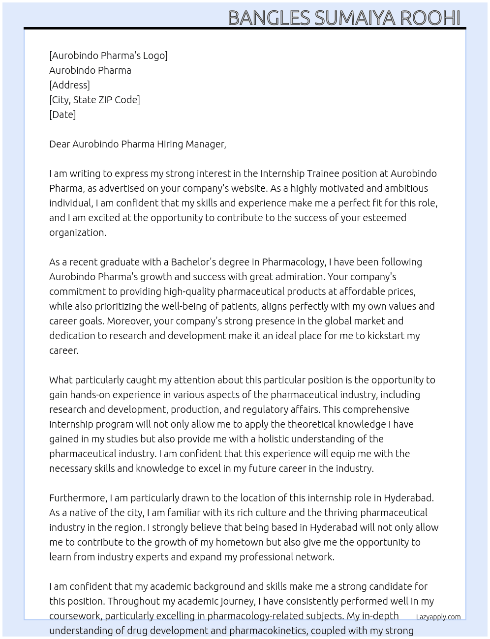 Internship trainee At Aurobindo Pharma  Cover Letter