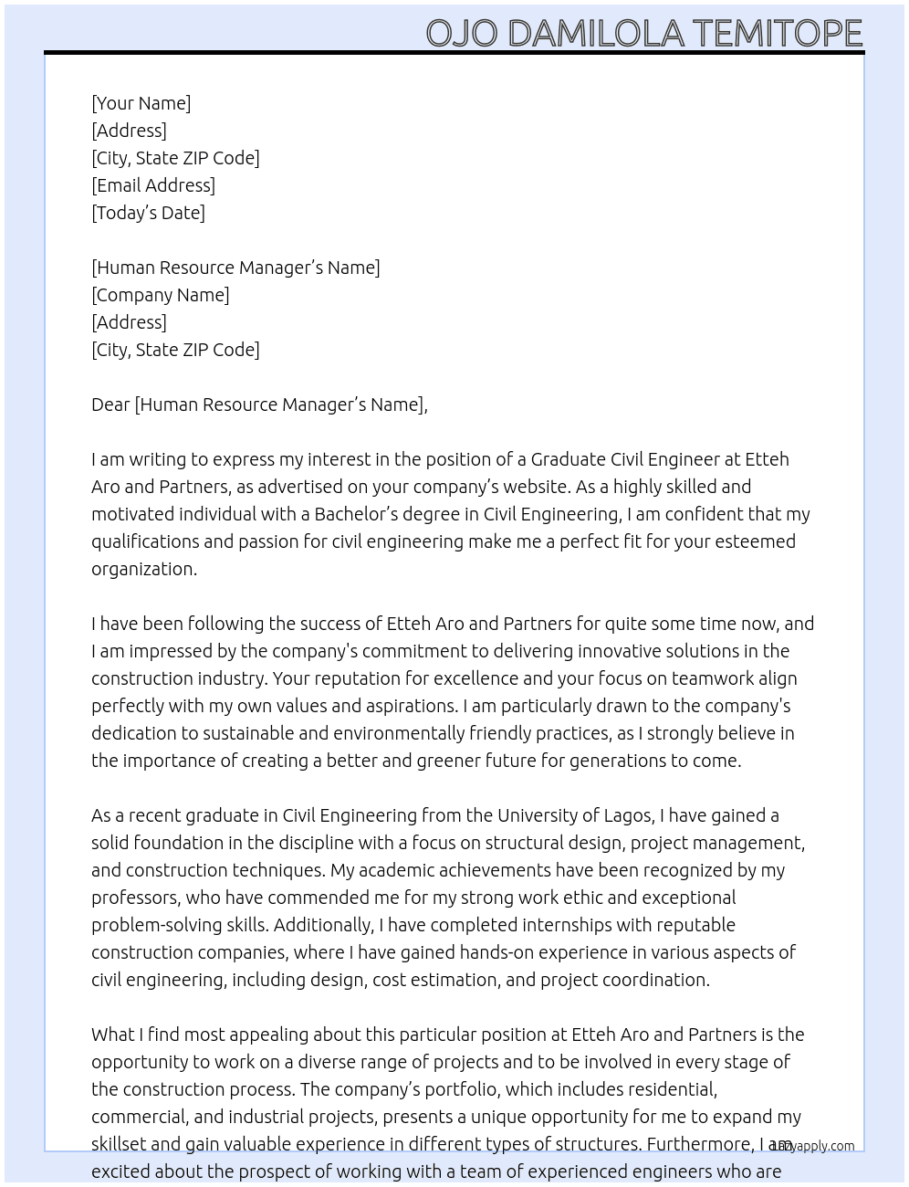 Graduate civil engineer At Etteh aro and partners  Cover Letter