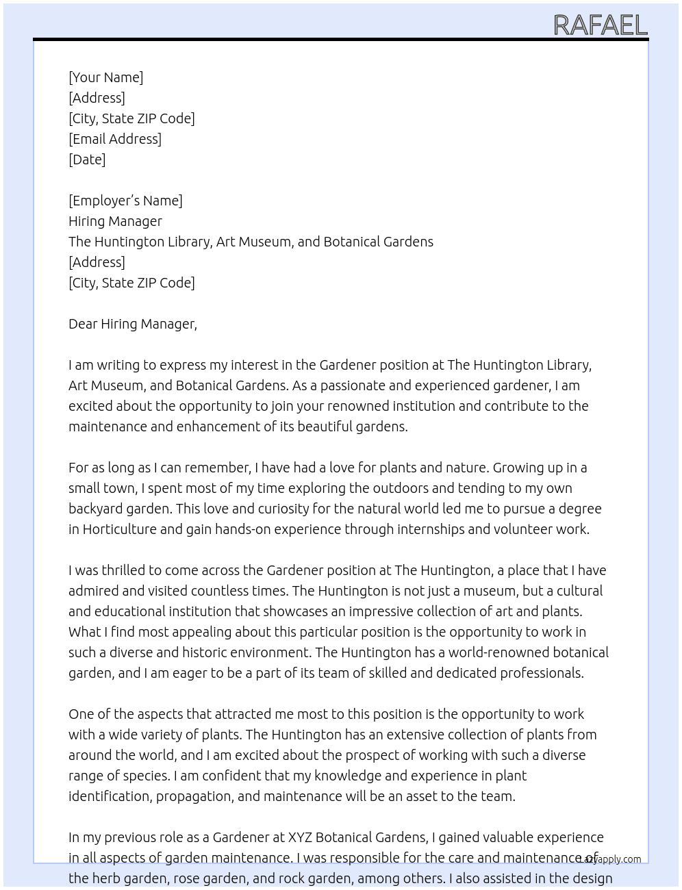 Gardener At The Huntington Library, Art Museum, and Botanical Gardens Cover Letter