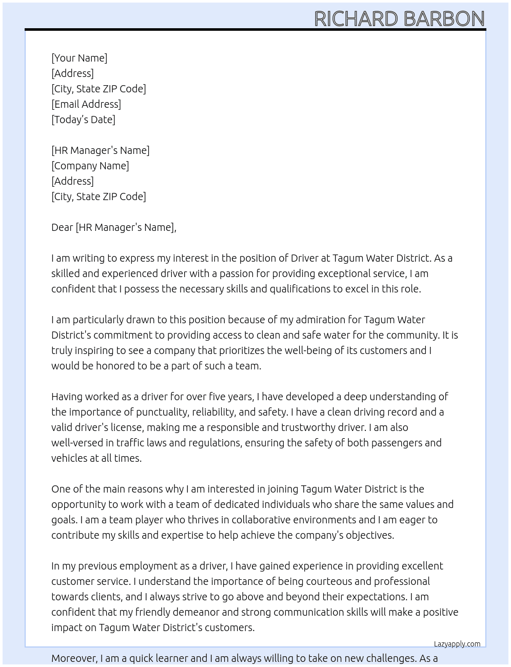 driver At tagum water district Cover Letter