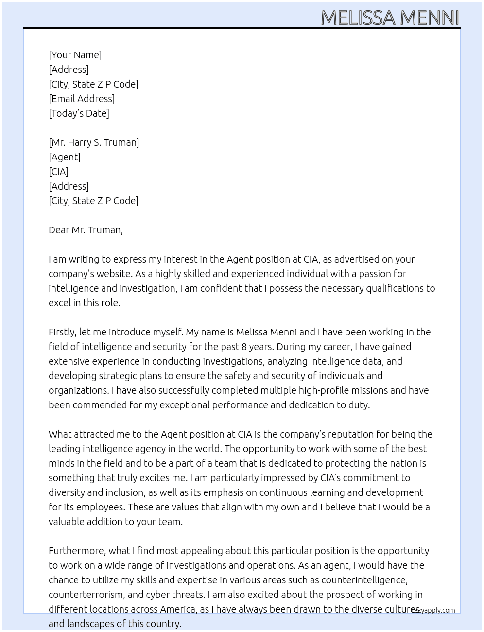 agent At CIA Cover Letter