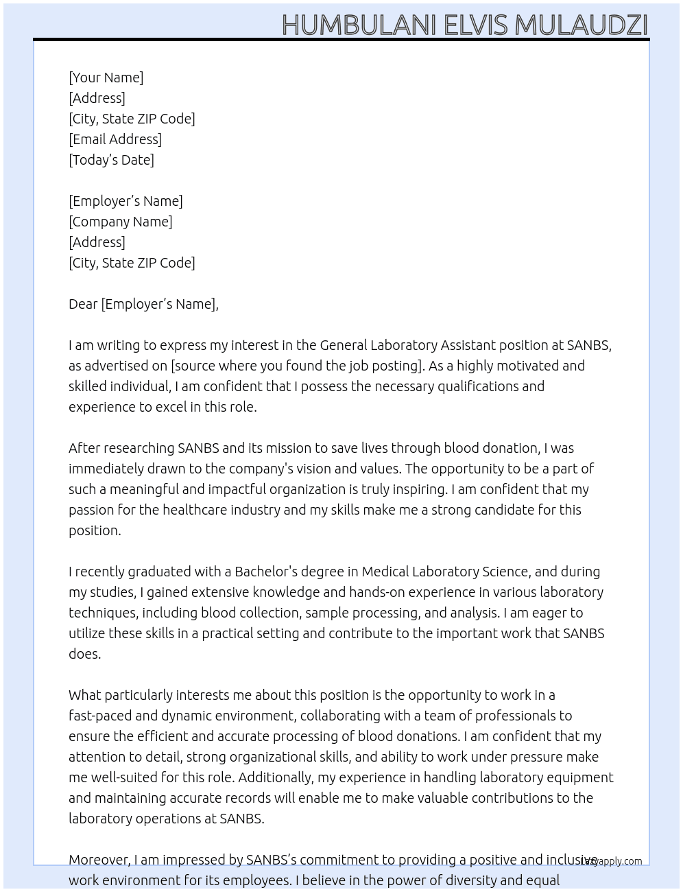 General laboratory assistant At SANBS Cover Letter
