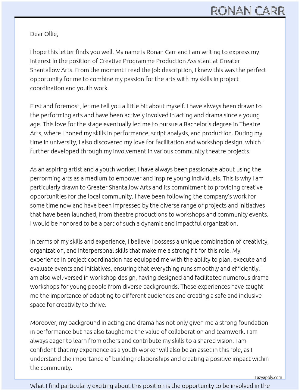Creative Programme Production Assistan At Greater Shantallow Arts Cover Letter