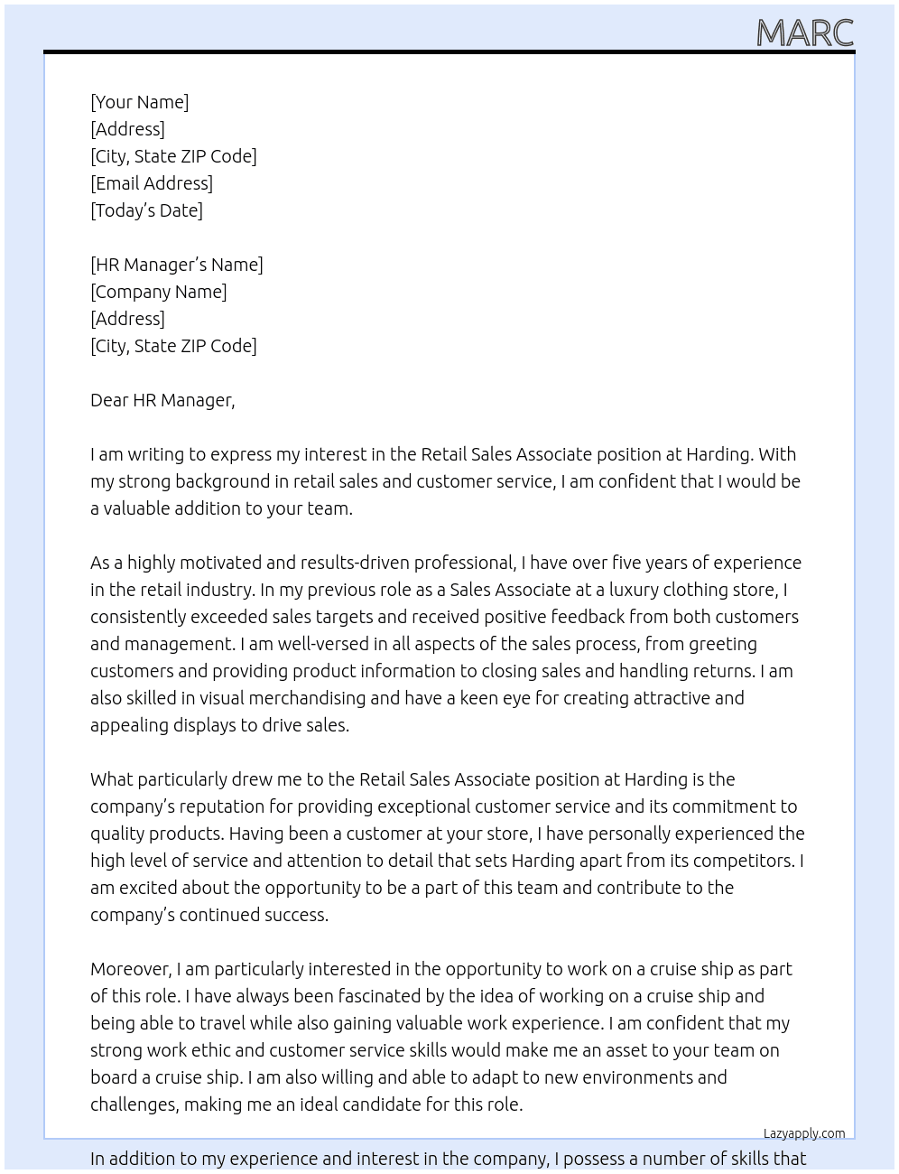 retail sales associate At harding Cover Letter