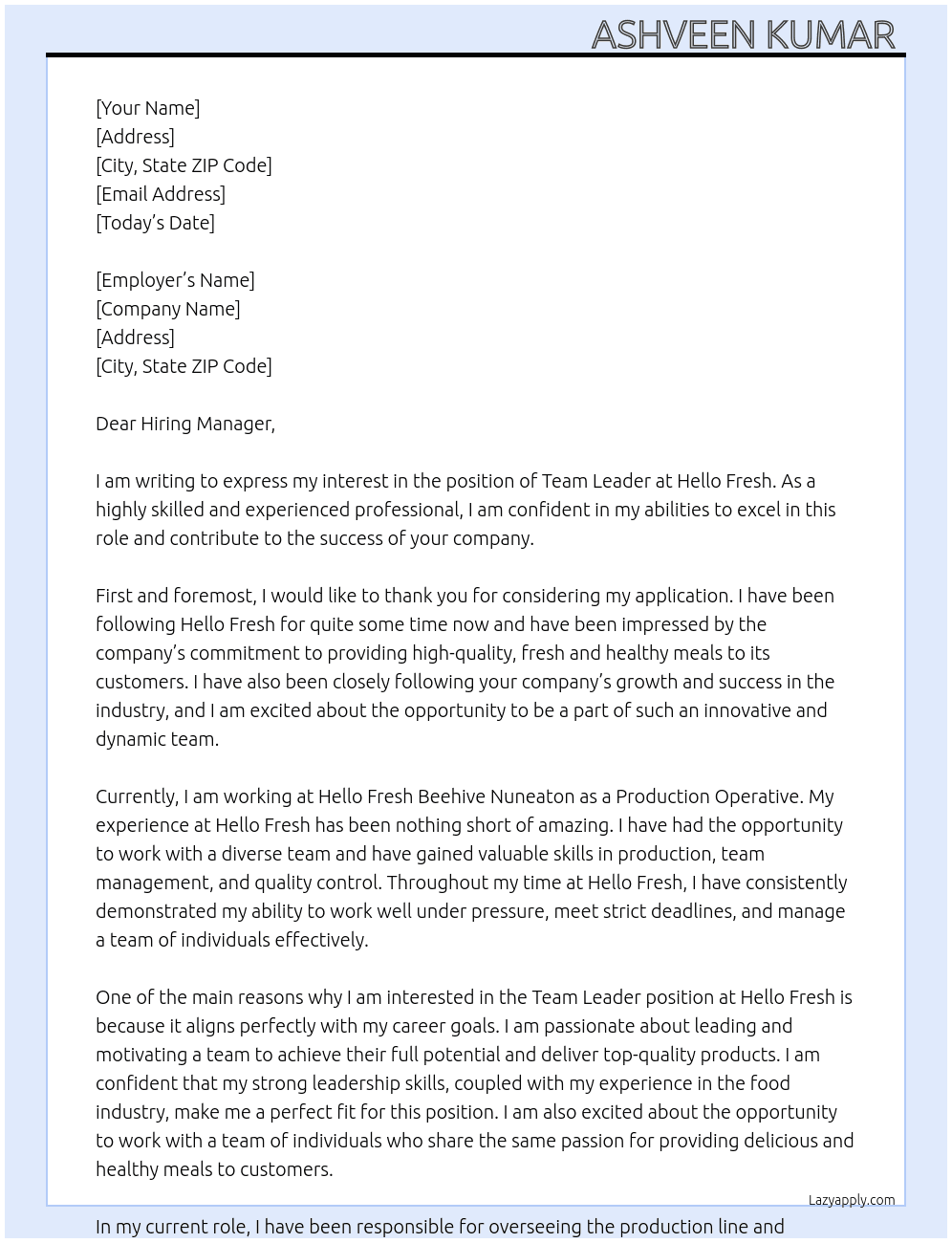 Team Leader  At HELLO FRESH  Cover Letter