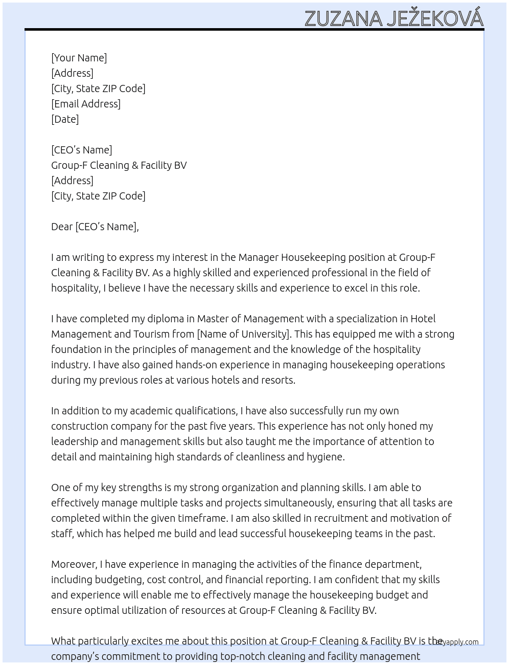Manager Housekeeping At Group-F Cleaning & Facility BV Cover Letter