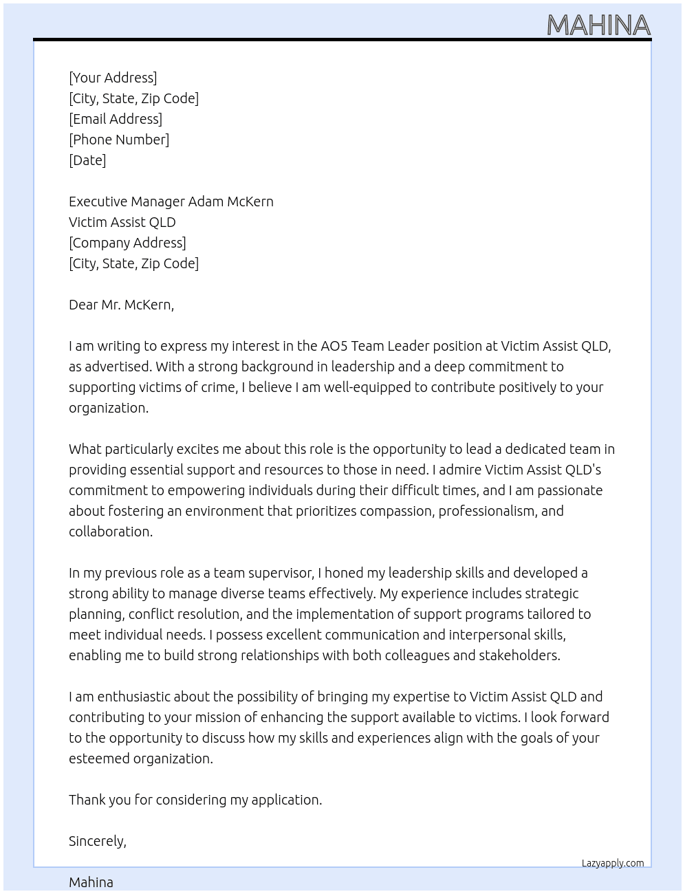 AO5 Team Leader  At Victim Assist QLD Cover Letter