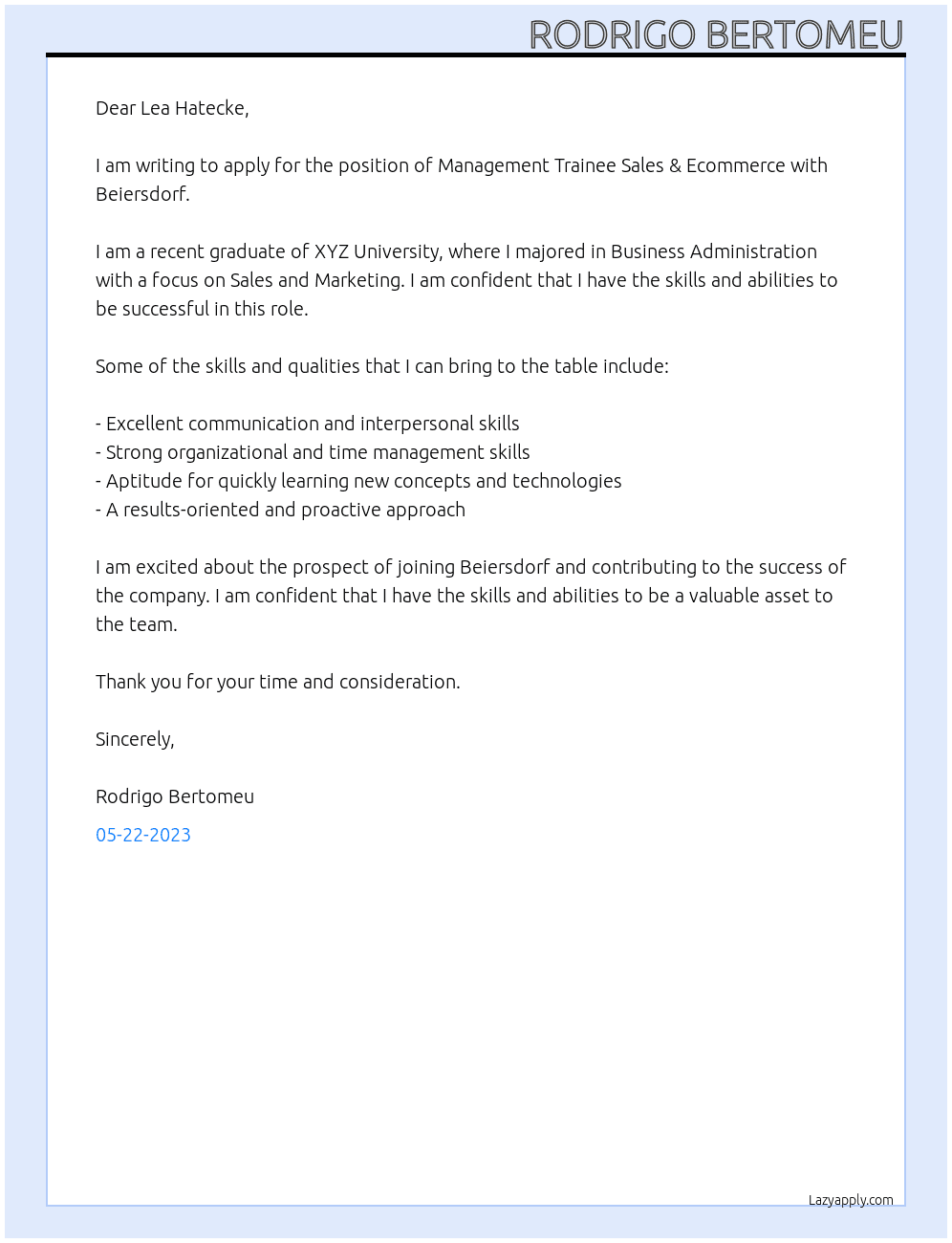 MANAGEMENT TRAINEE SALES & ECOMMERCE At Beiersdorf Cover Letter