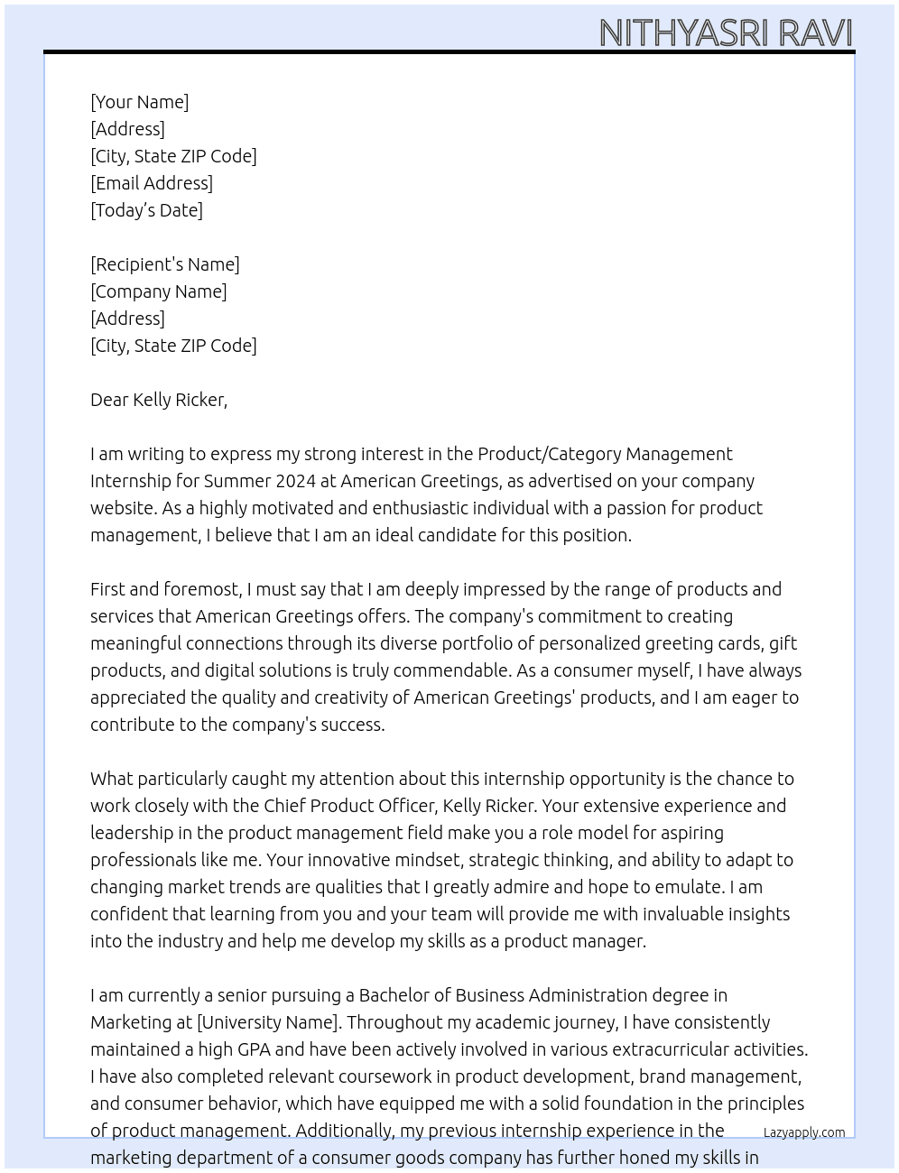 Product/Category Management Internship - Summer 2024 At American Greetings Cover Letter