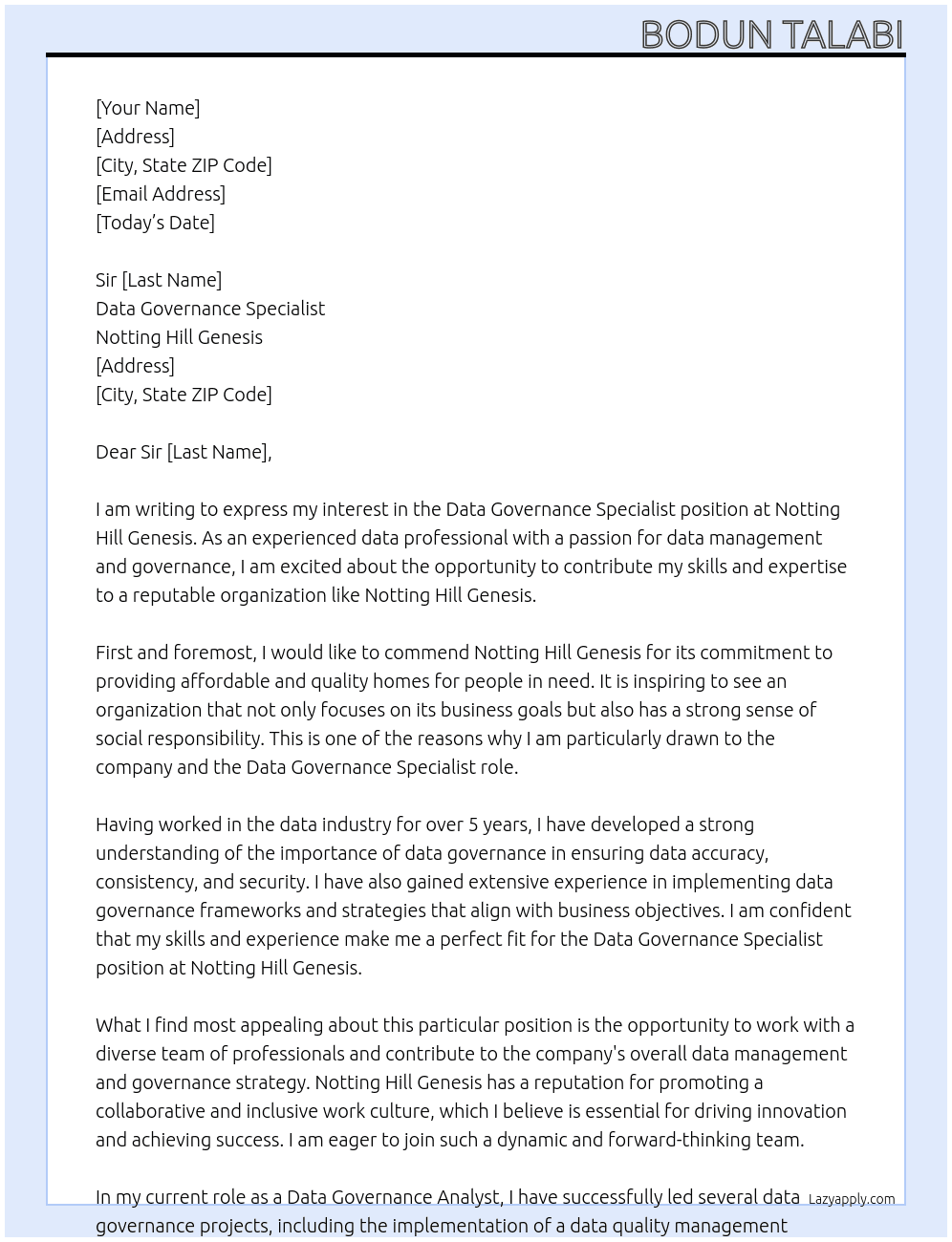Data Governance Specialist At notting hill genesis Cover Letter